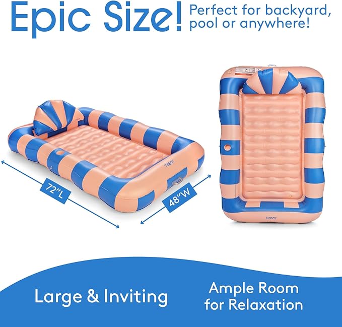 FUNBOY Tanning Pool Lounger Float, XL 72'' x 48'' Pool Float with Custom Pillow and Large Cup Holder, Perfect for Pool or Backyard.