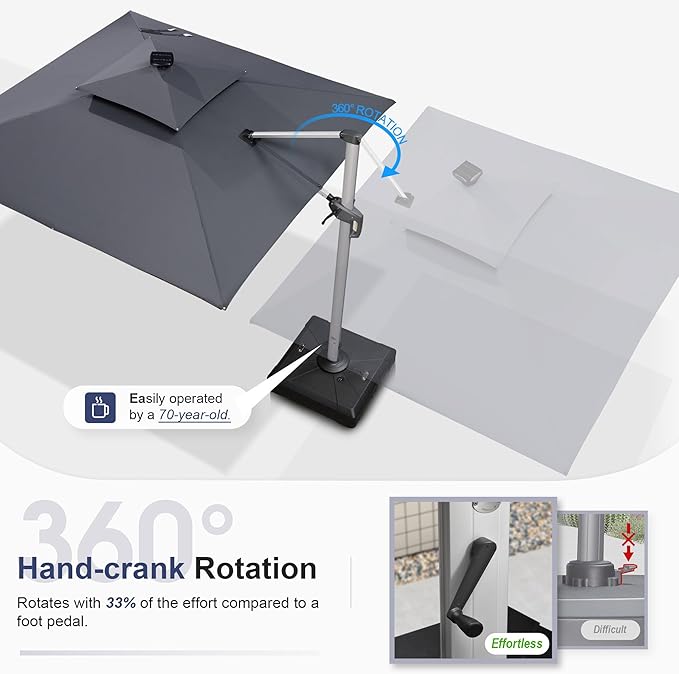 PURPLE LEAF 12 Feet Double Top Deluxe Solar Powered LED Square Patio Umbrella Light Patio Umbrella Outdoor Cantilever Umbrella with Lights, Grey