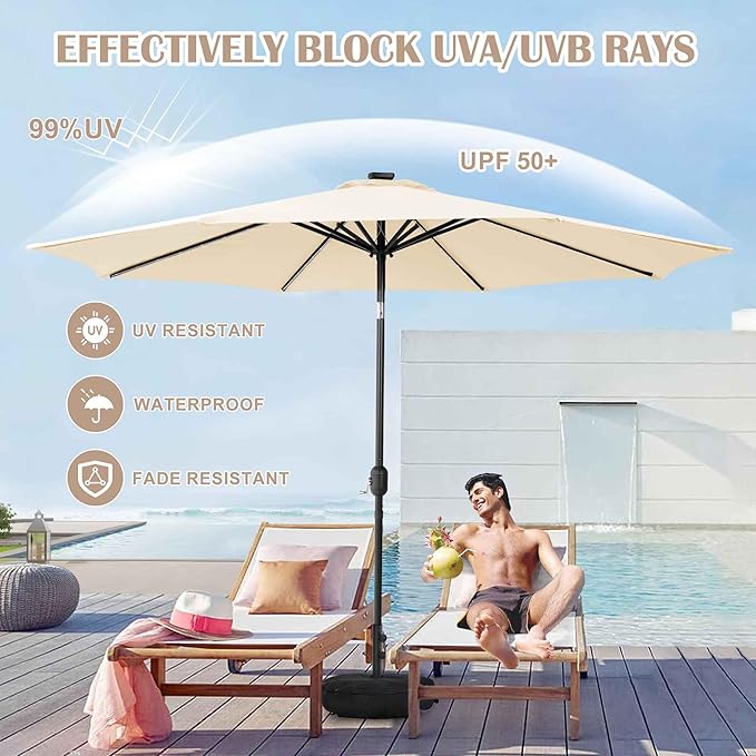 Sundale Outdoor Olefin 5-Year-Non-Fading Solar 104 LED 11FT Solar Patio Umbrella with Sand Bag Base, Outdoor Umbrella with Tilt and Crank, Beige