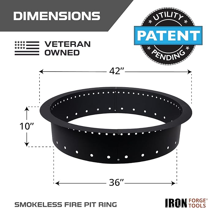 Iron Forge Tools Fire Pit Ring 42 Inch Outer/36 Inch Inner - Outdoor Heavy Duty Metal Round Smokeless Fire Ring Insert Liner - Utility Patent Pending (42x36x10)