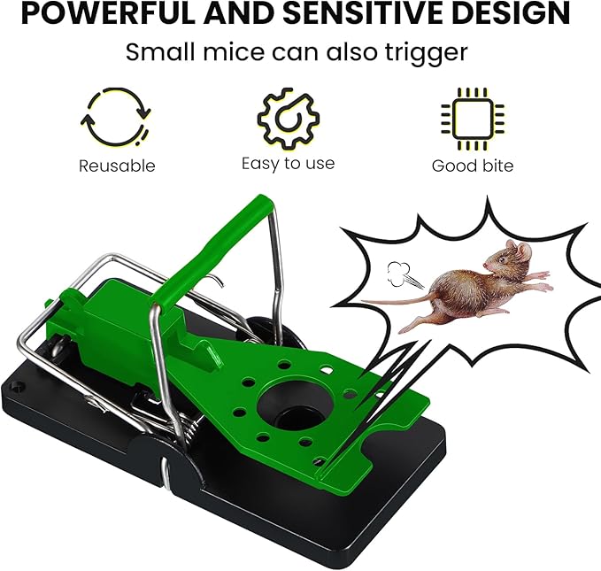 Qualirey 24 Pcs Mouse Traps Plastic Snap Rat Trap Bulk Reusable Quick Effective Safe for Indoor Outdoor Home House Warehouse Garden Kitchen 3.86 x 1.81 x 2.17 Inch (Black,Green)