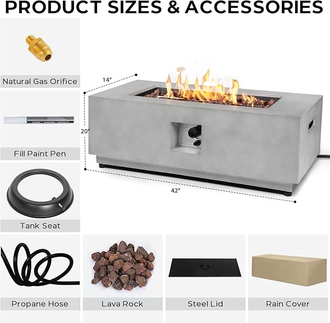 42 Inch Outdoor Propane Fire Pit Table, Modern Gas Fire Pits for Outside Patio, CSA Certified Ignition Systems Firepit, 50,000 BTU Rectangule Fire Table for Garden Backyard Deck