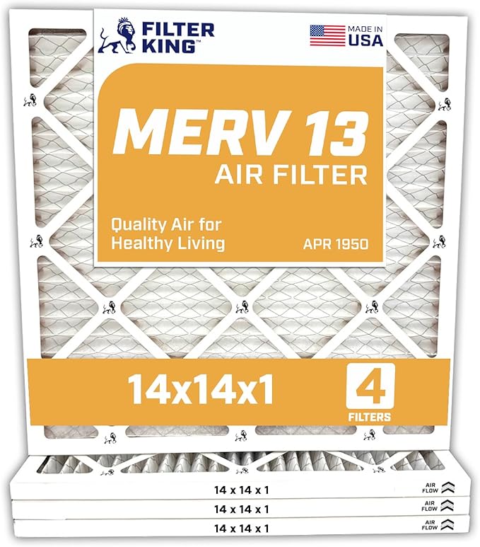 Filter King 14x14x1 Air Filter | 4-PACK | MERV 13 HVAC Pleated A/C Furnace Filters | MADE IN USA | Actual Size: 13.5 x 13.5 x .75"