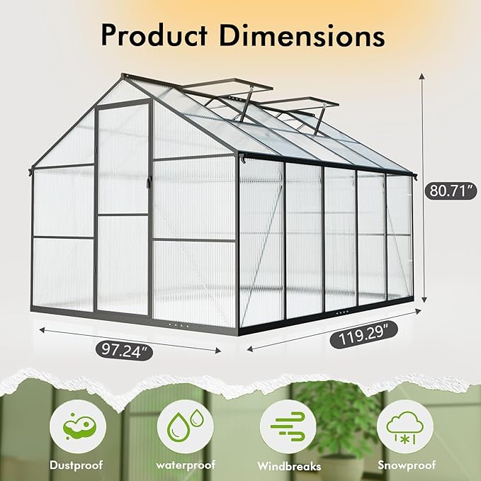 8×10FT Greenhouse for Outdoors, Large Walk in Greenhouse Kit and Garden Planting, Green Houses for Outside with Electronic Thermometers, Withstands Strong Wind or Snow to Protect Vegetables or Plants