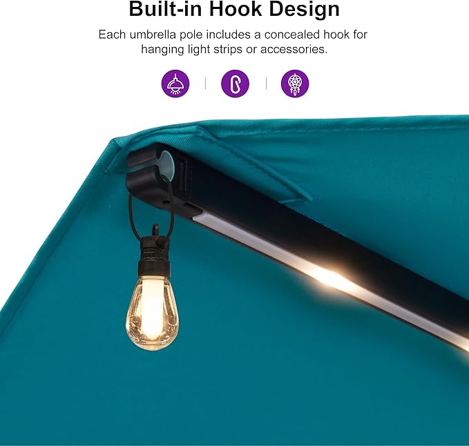 PURPLE LEAF 13ft Patio Market Umbrella with Solar LED and Base Double-Sided Rectangle Outdoor Table Sun Umbrellas with Crank for Pool Beach Deck Backyard Turquoise Blue