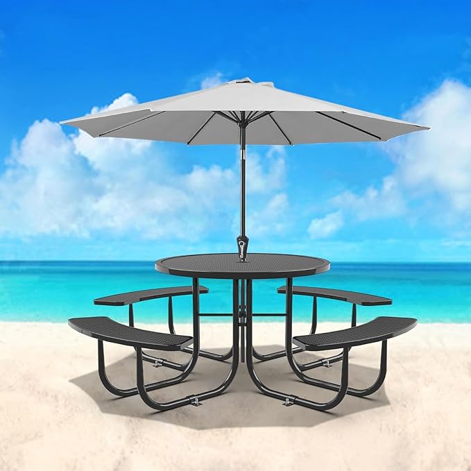 dafrigic 46" Round All Weather Resistant Commercial Picnic Table for Outdoors, Heavy Duty Picnic Table up to 4600 lbs with Umbrella Hole for School, Warehouse, Coffee Shop, Black