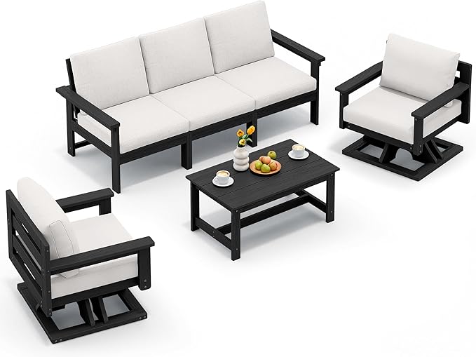 SERWALL HDPE Outdoor Patio Furniture Set, All-Weather 3-Seater Couch with 2 Single Seat Swivel Sofas with Thick Cushions for Lawn, Deck, Black Frame with Beige Cushions