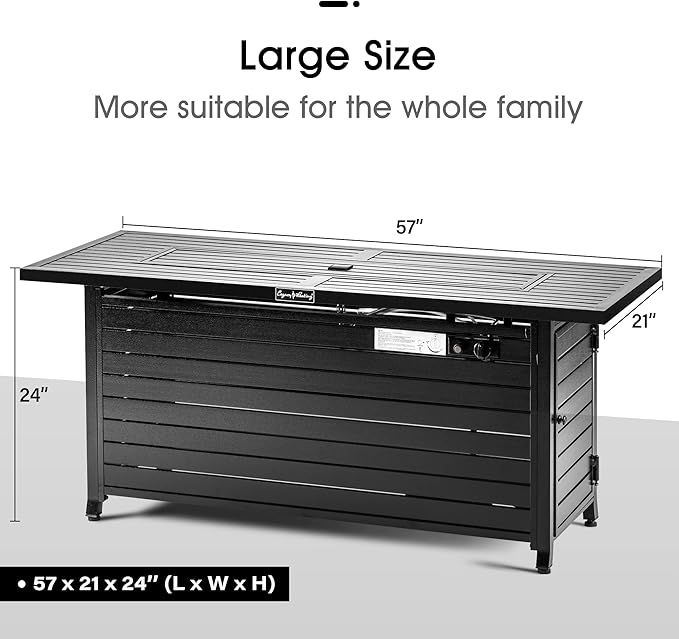 LEGACY HEATING 57 inch Propane Fire Pit Table Outdoor Gas Fire Pit Table, 50000BTU Fire Table with Lid, Retangular Black Firepit Table for Garden Backyard Deck Poolside Party