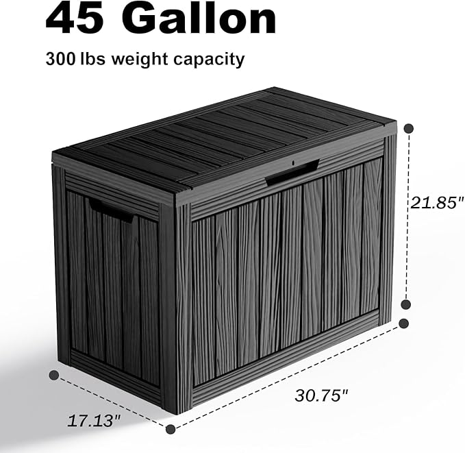 45 Gallon Deck Box Large Outdoor Storage for Patio Furniture,Outdoor Cushions,Garden Tools and Pool Supplies,Waterproof,Resin,Lockable(Black)