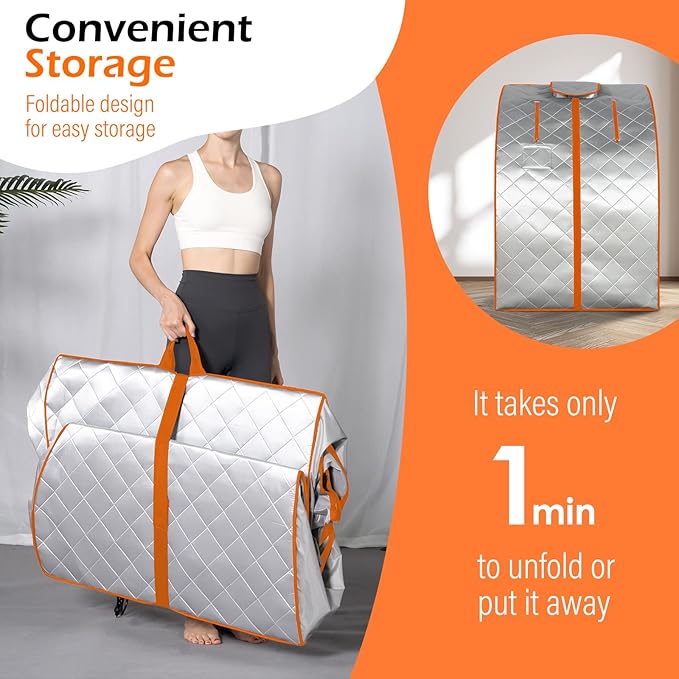 ZONEMEL Infrared Sauna, 1 Person Full Body Sauna, 3 Far Infrared Heating Panels, Remote Control, Built-in Foot Pad, Hand Pocket, Portable Folding Chair (L 27.6’’ x W 31.5’’ x H 37.8’’, Silver Orange)