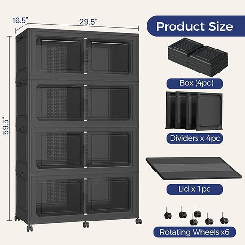 160GAL Extra Large Storage Bins with Lid, 640Qt Stackable Closet Organizers and Drawers, Collapsible Storage Bins with Wheels, Folding Containers for Home, Kitchen Office, 4Pack Black