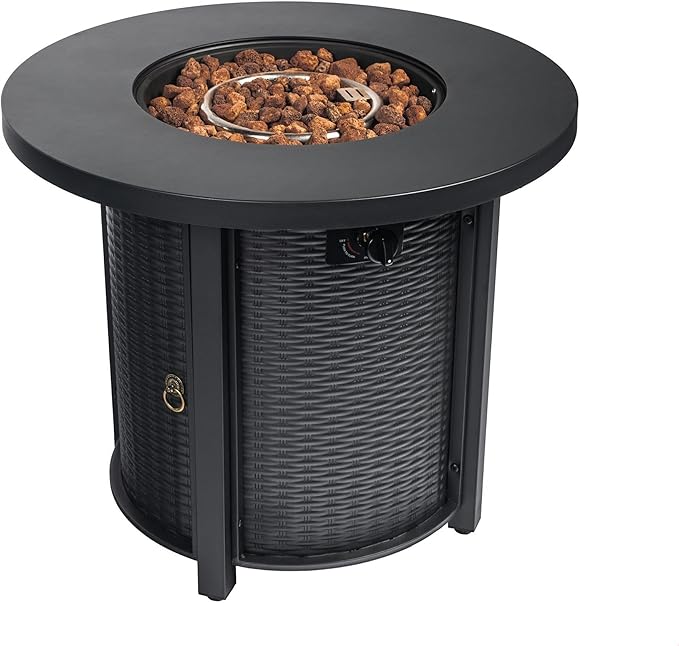 GDFStudio 30" Round Propane Fire Pit Table, 50000 BTU Outdoor Gas Heater with Steel Top & Wicker Base, for Patio, Deck, Garden, Black