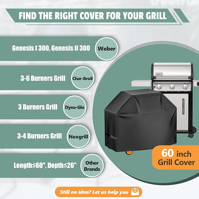 HomWanna Grill Cover 60 Inch - Superior BBQ Cover for Weber Genesis 300 Series Gas Grill - 600D Outdoor Barbecue Covers for Weber Genesis ii 300, Dyna-glo, Char-Broil, Nexgrill, Monument and Brinkmann