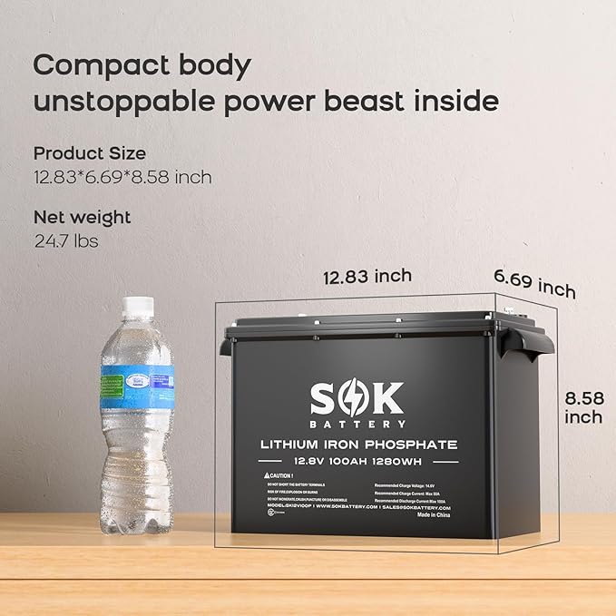SOK Battery 12V 100Ah LiFePO4 Deep Cycle Lithium Iron Phosphate Battery with Low-Temp Protection, ABS Casing, Marine Grade IP65 Suitable for RV, Marine, Boat, Yacht, and Solar & Wind Off-Grid Use