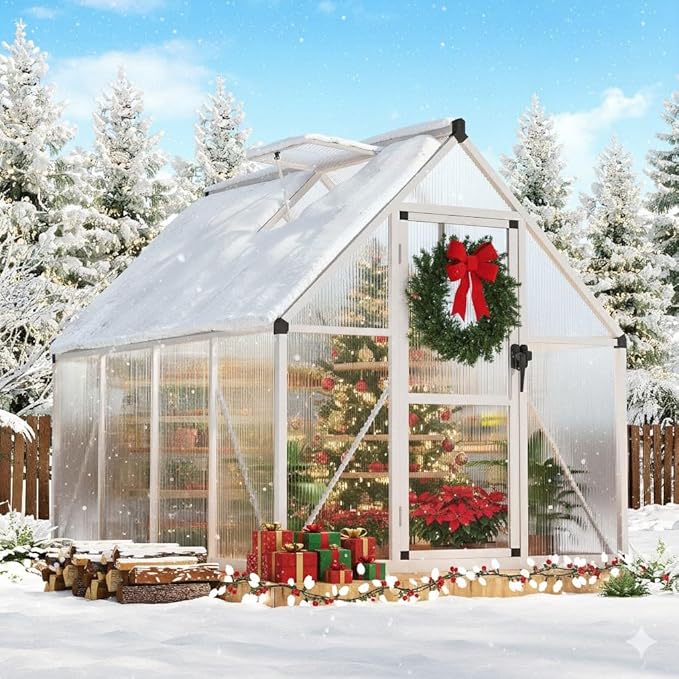 IDEALHOUSE 6x7 FT Greenhouse for Outdoors, Lockable Door and Ajustable Roof Vent, Polycarbonate Greenhouse with Windproof Aluminum Frame, Aluminum Walk-in Greenhouses, for Backyard, Lawn