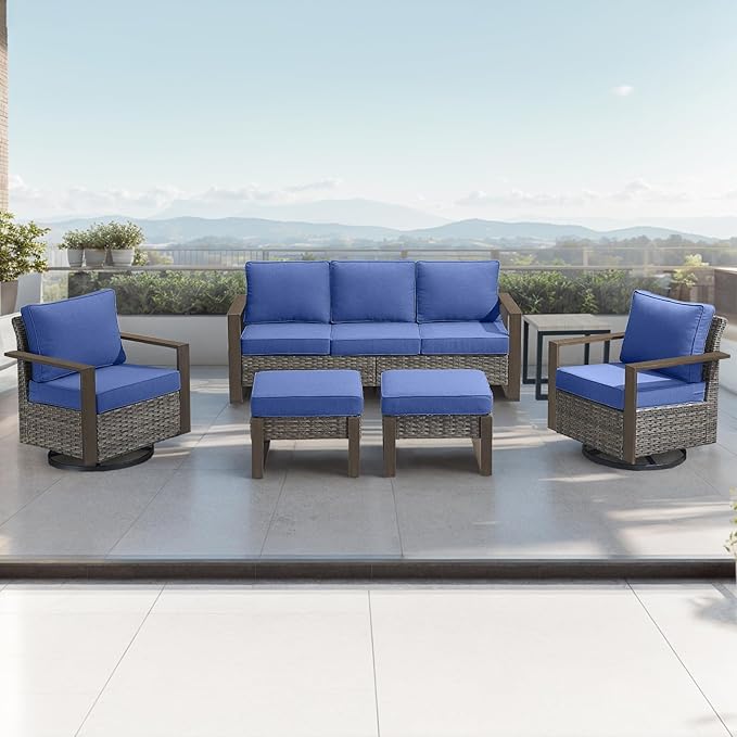 Rilyson Outdoor Wicker Patio Furniture Set - 6 Piece Patio Conversation Set with 2 Wicker Swivel Rocker Chairs,2 Rattan Ottoman,1 Side Table and 1 Couch,Thick Cushions,Deep Seating(Mixed Grey/Blue)