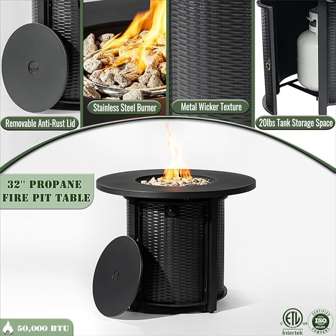 32" Propane Gas Fire Pit Table, 50000 BTU Round Steel Fire Pit Steel Lid & Lava Rock for Outside Patio Deck Garden Courtyard-Black
