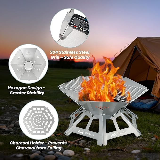 21" Portable Outdoor Fire Pit, Stainless Steel Portable & Collapsible Fire Pit with Charcoal Grill Net & Storage Bag,Wood-Burning for Patio, Backyard BBQ, Camping & Beach Bonfires