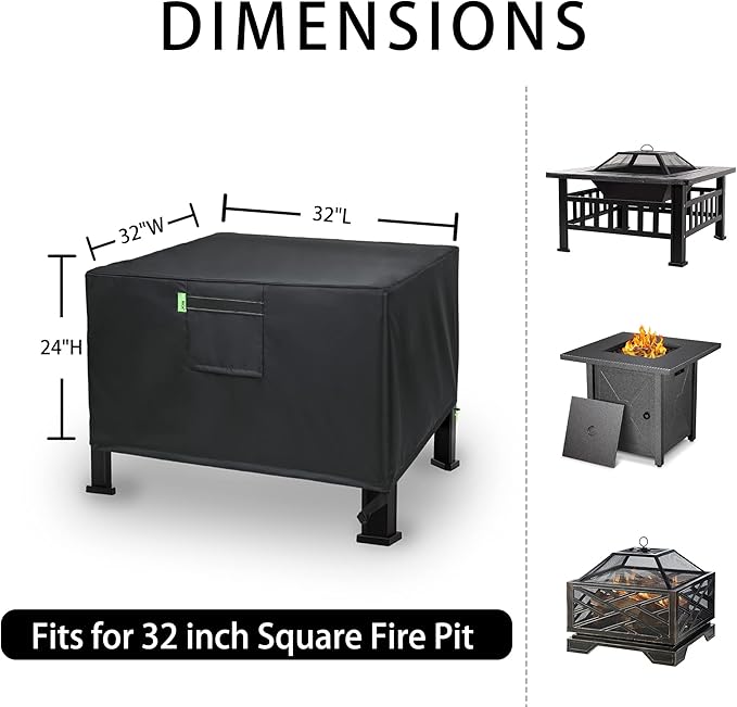REDRICH Fire Pit Cover Square – Heavy Duty Outdoor Firepit Cover, Full Coverage Patio Outdoor Fireplace Cover, Dustproof Anti UV and Waterproof, 32’’L x 32’’W x 24’’H Black