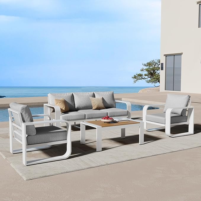 Oasbira Aluminum Outdoor Patio Furniture Set, 4 Piece Oversized Patio Conversation Sets Widened Armrest & Ultra-Thick Cushions, Heavy Duty Modern Sectional Furniture for Backyard, Porch, White