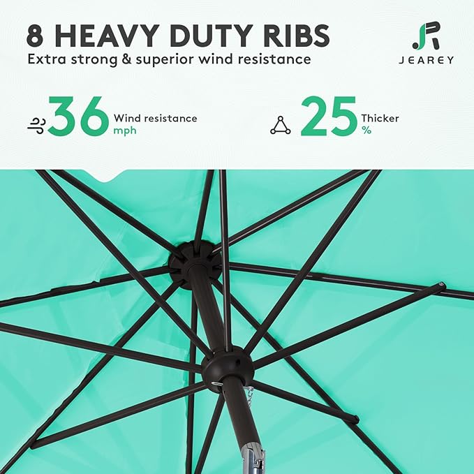JEAREY 9FT Outdoor Patio Umbrella Outdoor Table Umbrella with Push Button Tilt and Crank, Market Umbrella 8 Sturdy Ribs UV Protection Waterproof for Garden, Deck, Backyard, Pool (Bright Teal)