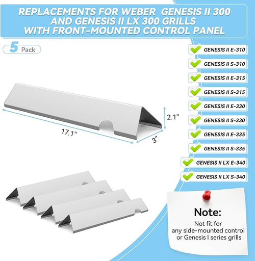 17" Flavorizer Bars for Weber Genesis II Grill Parts GS4 Genesis II/II LX 300 Series Genesis II E-310 E-315 E-335 LX E-340 Heat Plates Replacements for 66795 Stainless Steel Flavor Bars, 5 Pack