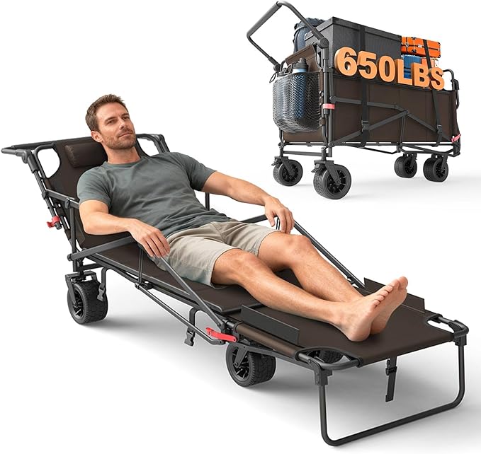 LEVELEVE Heavy Duty Folding Wagon - 2-in-1 Collapsible Cart, 650lb Capacity, All-Terrain Wheels w/Brakes & Side Pockets