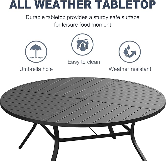 VICLLAX Round Patio Dining Table, 8-10 Person Metal Outdoor Dining Table with Umbrella Hole and Storage Shelf for Garden Lawn Deck, 60" Black
