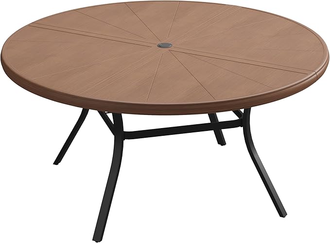 VICLLAX Round Patio Dining Table, 6-8 Person Aluminum Outdoor Dining Table with Umbrella Hole and Storage Shelf for Garden Lawn Deck, 53" Walnut
