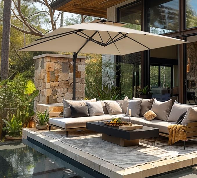 PHI VILLA 9'x 12' Large Patio Umbrella, Outdoor Aluminum Cantilever Umbrella with Double Top Rectanglar Canopy, Windproof Hydraulic Offset Umbrella for Pool, Deck, Garden, Beach, Porch, Beige