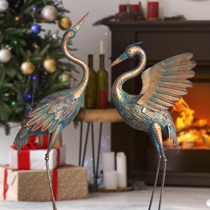 Oritty 33-37 Inch Metal Crane Garden Statue Décor, Bird Heron Garden Sculpture & Statues, Outdoor Decoration for Yard Pond Lawn Backyard Pool, Vintage Spread Wings Crane, Set of 2 Copper