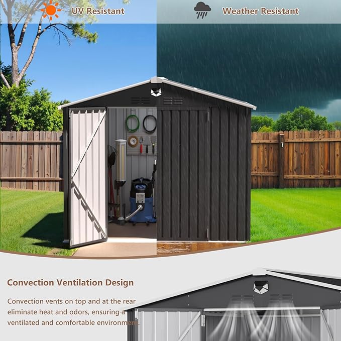 8x6 FT Outdoor Storage Shed, Metal Sheds & Outdoor Storage, Waterproof Sheds with Lockable Doors for Backyard