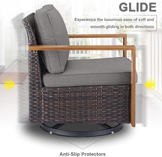 Belord Outdoor Swivel Rocker Chairs Set of 2 with Metal Wide Armrests, 3 Piece Patio Bistro Wicker Chairs with Side Table, Comfort Glider Furniture for Porch, Deck, Sunroom, Backyard