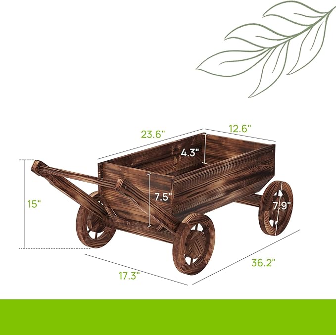 Wooden Flower Cart with Wheels Wooden Wagon Planter Outdoor Garden Planter Decor Planter for Patio Balcony Trolley Decoration Succulent Flower Pot, Indoor Backyard Balcon Decor（L）