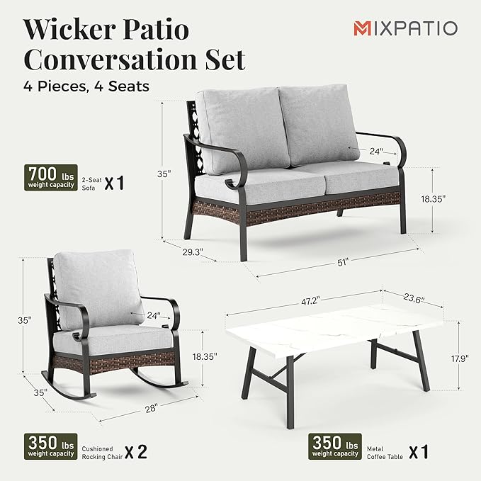 Patio Furniture Set with Coffee Table, Outdoor Conversation Set with 2 x Rocking Chair, 1 x 2-Seat Sofa for Lawn Garden Backyard, Light Grey