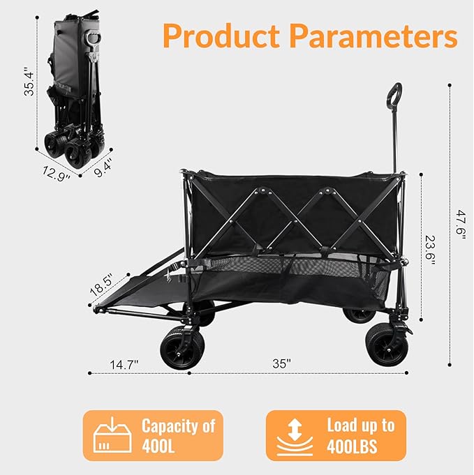400L Large Capacity Double Decker Folding Wagon, Foldable 450lbs Heavy Duty Beach Cart with All-Terrain Big Wheels,Utility Carts Foldable for Beach, Sports,Outdoor,Shoping