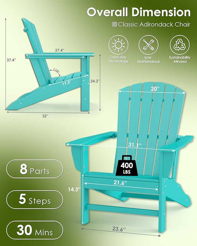 GREENVINES Adirondack Chairs Set of 6 | HDPE Plastic | Oversized Fire Pit Chair | All Weather | Aqua | Poly Lumber | for Outdoor Deck Backyard Patio Garden