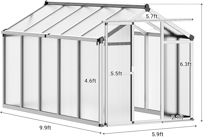Greenhouse, 6x10 FT Greenhouse for Outdoors, Walk-in Green House with Ground Nails and Vent Windows, Sliding Lockable Door, Polycarbonate Greenhouses for Outside Garden Backyard, Quick Setup, Silver