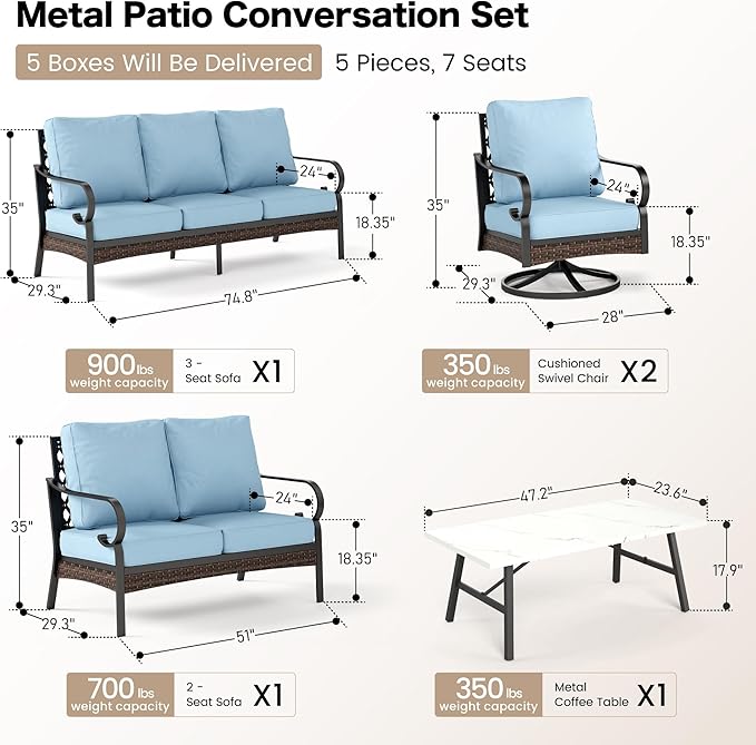 SUNSHINE VALLEY 5 Piece Metal Outdoor Patio Furniture Set, Patio Conversation Sets 1 3-Seater Sofa, 2-Seater Sofa, 2 Swivel Sofa with 5.75" Thick Cushion & Coffee Table Black Backyard Furniture, Blue