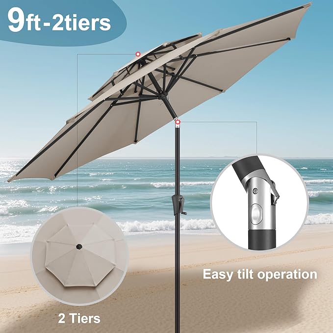 FLAME&SHADE 9ft Patio Umbrella - 2 Tiers Outdoor Umbrella with Push Button Tilt and Crank for UV Protection, Table Market Umbrella for Garden, Deck, Backyard, Pool and Beach(Taupe)