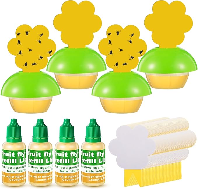 Qualirey Fruit Fly Trap for Indoors, 4 Pack Fruit Fly Trap with 4 Refill Liquid and 60 Yellow Sticky Pads, Safe Near Pets, Food and Kids, Fruit Flies Lure Liquid Trap for Home Kitchen