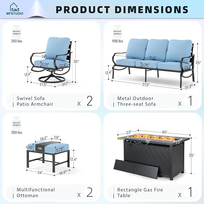 MFSTUDIO 6 Pieces Patio Furniture Sets with 45" Gas Fire Pit Table(Up to 7 Seat),Outdoor Metal Conversation Sofas with 1 x 3-Seat Sofa, 2 Swivel Chairs and 2 Ottoman,Blue Cushion