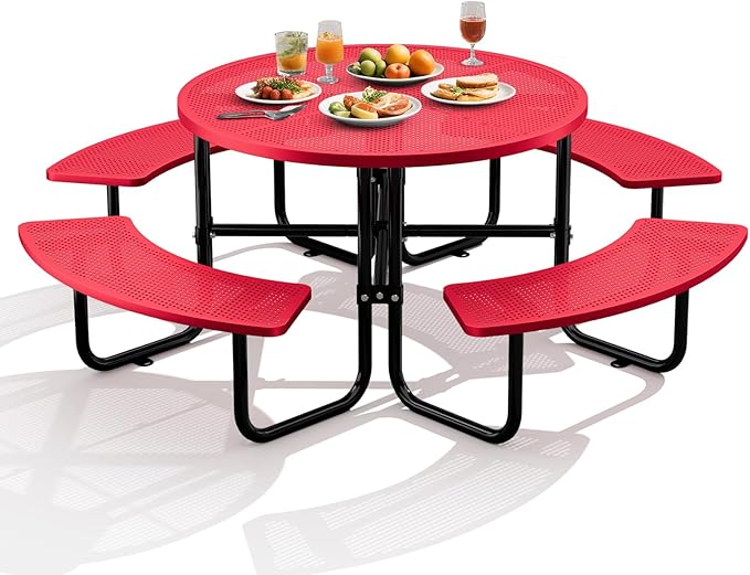 Rueekfil 46" Coated Picnic Table with Umbrella Hole, Heavy Duty Commercial Picnic Table for Outdoors, Family & Party Ready for School Camping, Round, Red