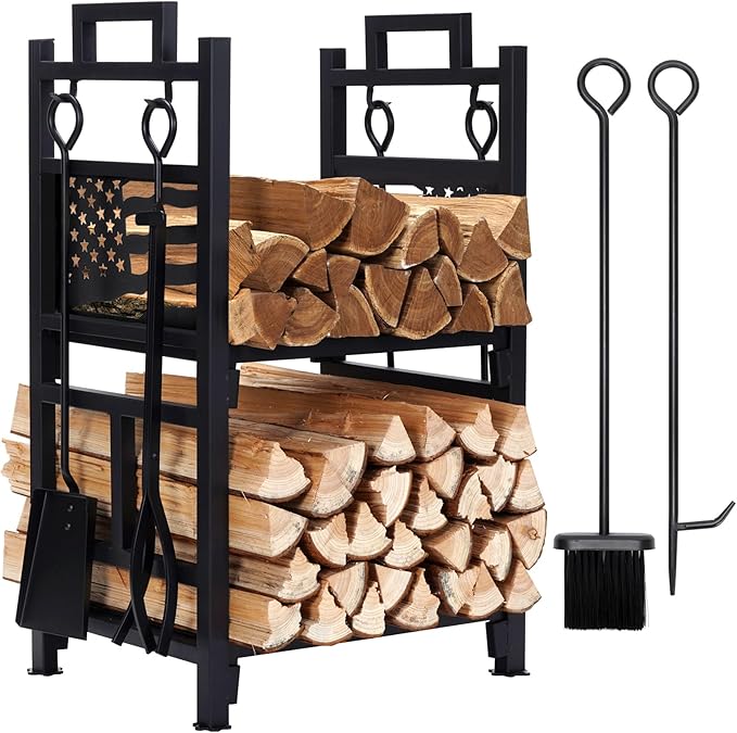 INNO STAGE Firewood Rack Fireplce Firepit Tools Set Double Layer Iron Wood Log Holder for Fire Place Outdoor Indoor Accessories-Brush, Shovel, Tong, Hook