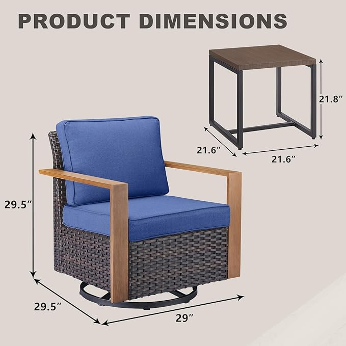 Outdoor Patio Swivel Rocker Chairs - 3 Piece Wicker Patio Furniture Bistro Set with 2 Swivel Rocking Chairs and 1 Metal Side Table,Thick Cushions,Deep Seating for Deck Porch Garden(Brown/Blue)