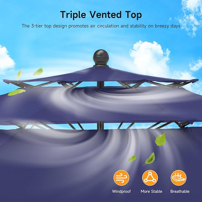 9 FT Outdoor Patio Umbrella, 3 Tier Market Table Umbrella with 8 Sturdy Fiberglass Ribs and 1.5’’ Pole, Smooth Button Tilt Patio Umbrella for Backyard Pool Garden, Blue(No Base)