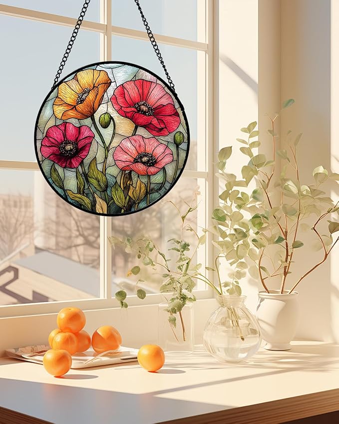 AMDERVEN Stained Glass Window Hanging, Red Orange Poppy Birth Flowers Sun Catcher for Door Garden Yard Decor Wildflowers Suncatcher Christmas Mother Birthday Gifts for Women Men Mom Nana 11.8 in