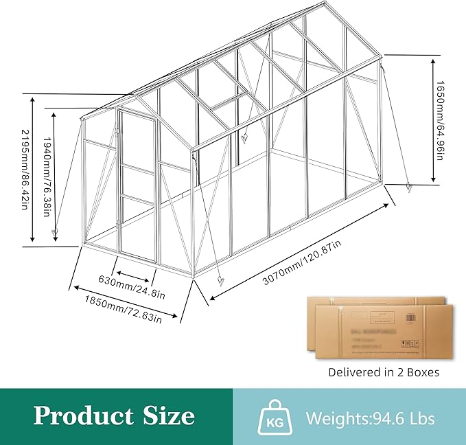 KEIKI 6x10 FT Polycarbonate Greenhouse for Outdoors, Heavy-Duty Walk-in Aluminum Greenhouse with Anchor Base, Light-Transmitting Panels & Drainage System, Black