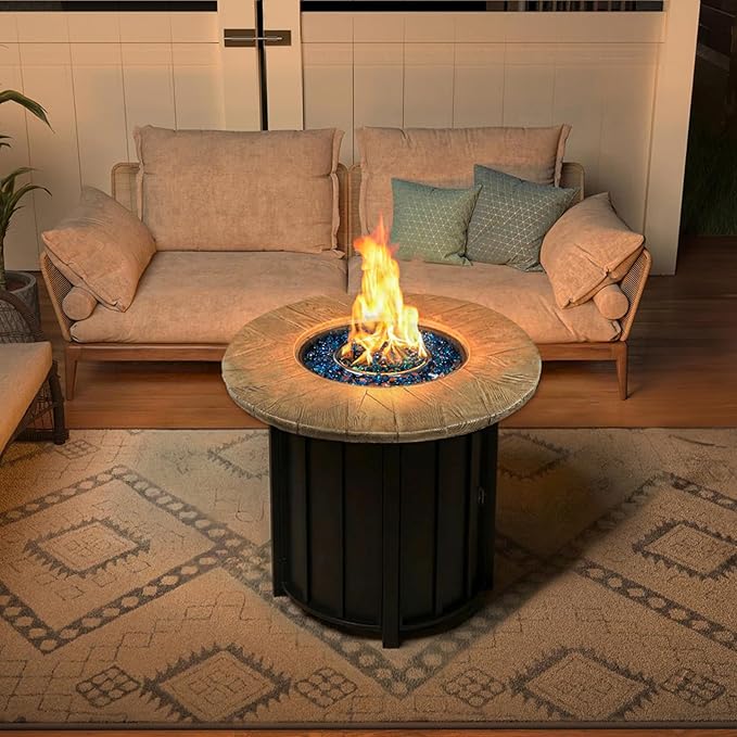 30 Inch Round Propane Fire Pit Table,50000 BTU Outdoor Gas Firepit with Automatic Ignition & Lid Cover,Iron Steel Firepit for Outside,Patio,Deck,Backyard w Glass Stones & Rain Cover