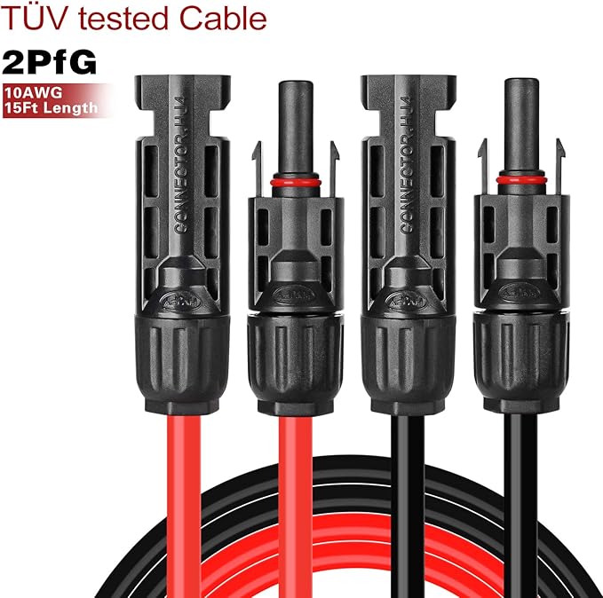 Solar Panel Extension Cable Kit - 10AWG (6mm) Weatherproof Tinned Copper Wire Adapter - 15 Feet Black + 15 Feet Red